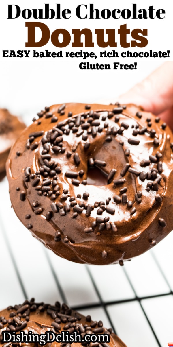 Pinterest pin of a chocolate donut with chocolate sprinkles.