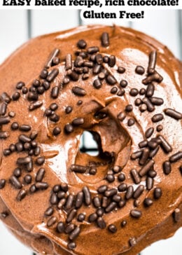Pinterest pin of a chocolate donut with chocolate sprinkles.