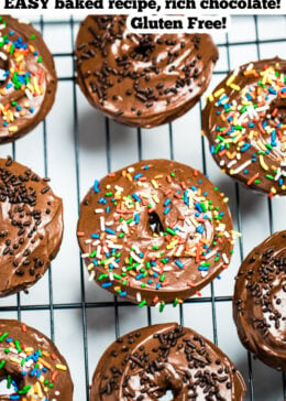 Pinterest pin of a cooling rack full of chocolate donuts with chocolate and rainbow sprinkles.