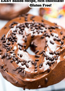 Pinterest pin of a chocolate donut with chocolate sprinkles.