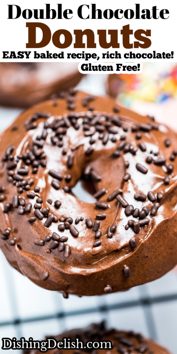 Pinterest pin of a chocolate donut with chocolate sprinkles.