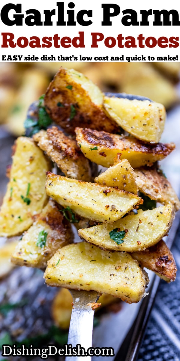 Pinterest pin of a spatula holding garlic parmesan roasted potatoes.
