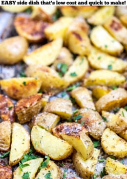 Pinterest pin with a sheet pan of crispy roasted potatoes.