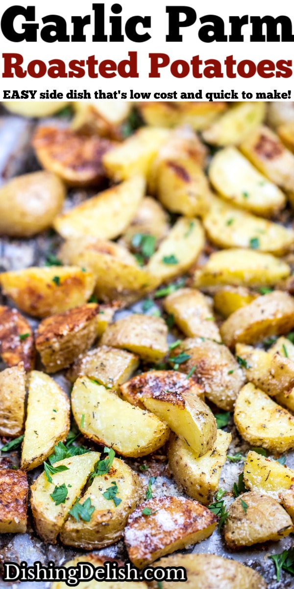 Pinterest pin with a sheet pan of crispy roasted potatoes.