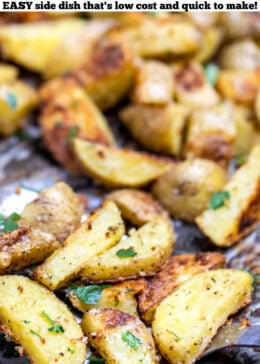 Pinterest pin of a spatula holding garlic parmesan roasted potatoes.