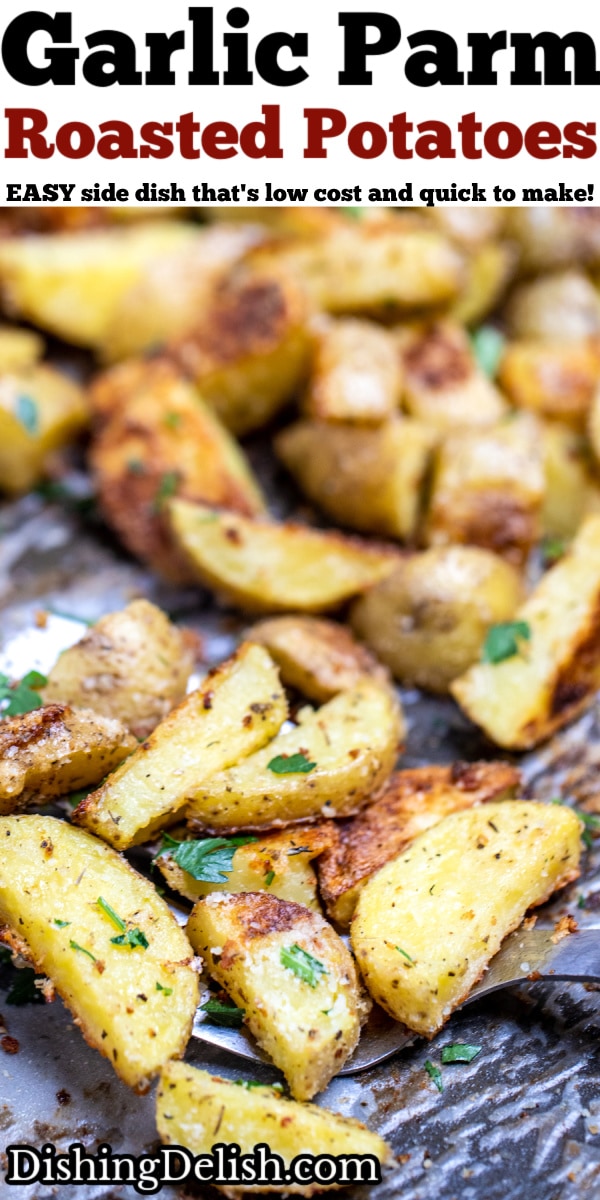 Pinterest pin of a spatula holding garlic parmesan roasted potatoes.