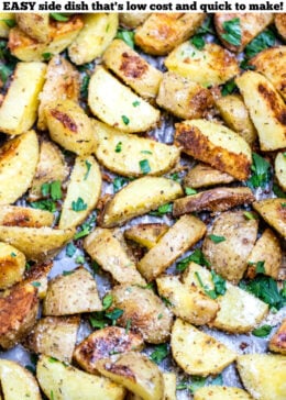 Pinterest pin with a sheet pan of garlic parmesan roasted potatoes.