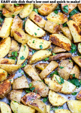 Pinterest pin with a sheet pan of garlic parmesan roasted potatoes.