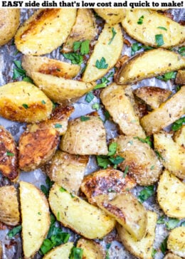 Pinterest pin with a sheet pan of garlic parmesan roasted potatoes.