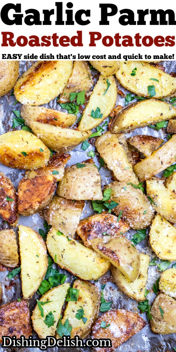 Pinterest pin with a sheet pan of garlic parmesan roasted potatoes.