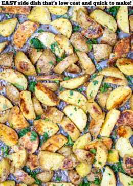 Pinterest pin with a sheet pan of garlic parmesan roasted potatoes.