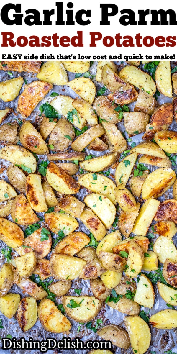 Pinterest pin with a sheet pan of garlic parmesan roasted potatoes.