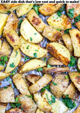 Pinterest pin with a sheet pan of crispy roasted potatoes.