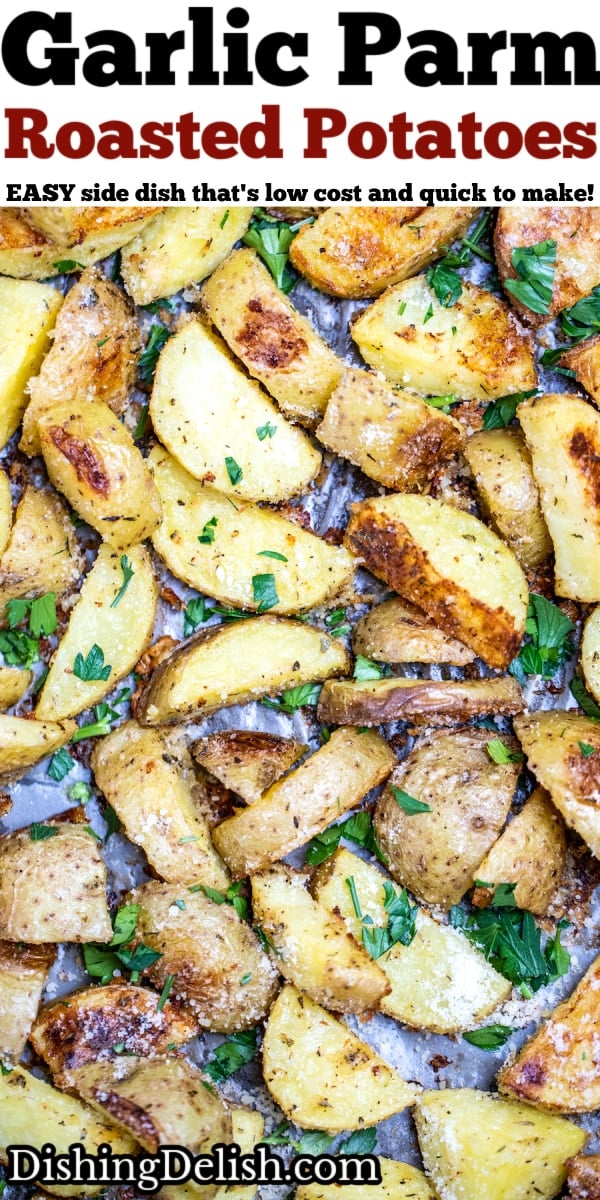 Pinterest pin with a sheet pan of crispy roasted potatoes.