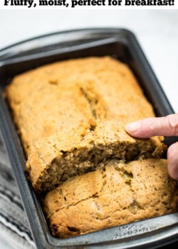 Pinterest pin with a loaf of banana bread in a bread pan on a table.