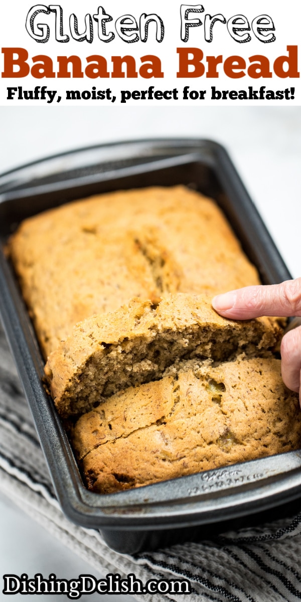 Pinterest pin with a loaf of banana bread in a bread pan on a table.