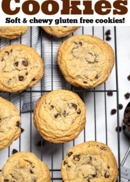 Pinterest pin with chocolate chip cookies on a cooling rack.