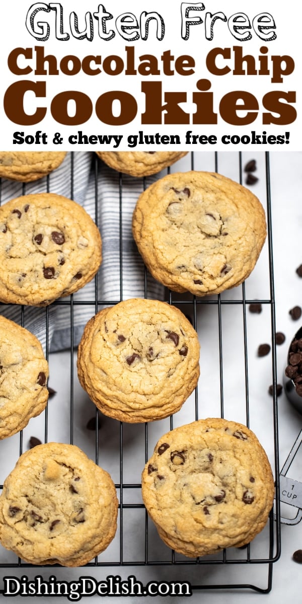 Pinterest pin with chocolate chip cookies on a cooling rack.