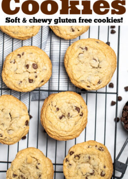 Pinterest pin with chocolate chip cookies on a cooling rack.