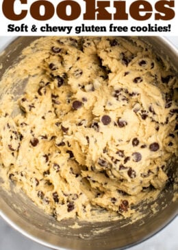 Pinterest pin with cookie dough in a mixing bowl.