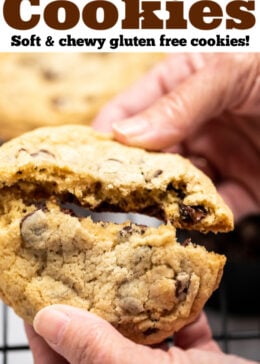 Pinterest pin with a chocolate chip cookie being pulled apart by two hands.