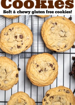 Pinterest pin with a photo of chocolate chip cookies on a cooling rack.