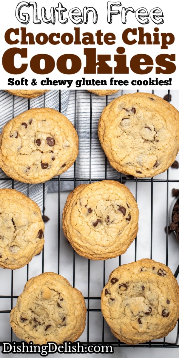 Pinterest pin with a photo of chocolate chip cookies on a cooling rack.