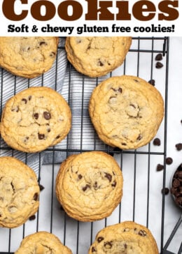 Pinterest pin of chocolate chip cookies sitting on a cooling rack.