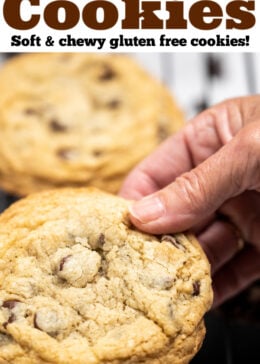 Pinterest pin with a hand holding a large chocolate chip cookie.