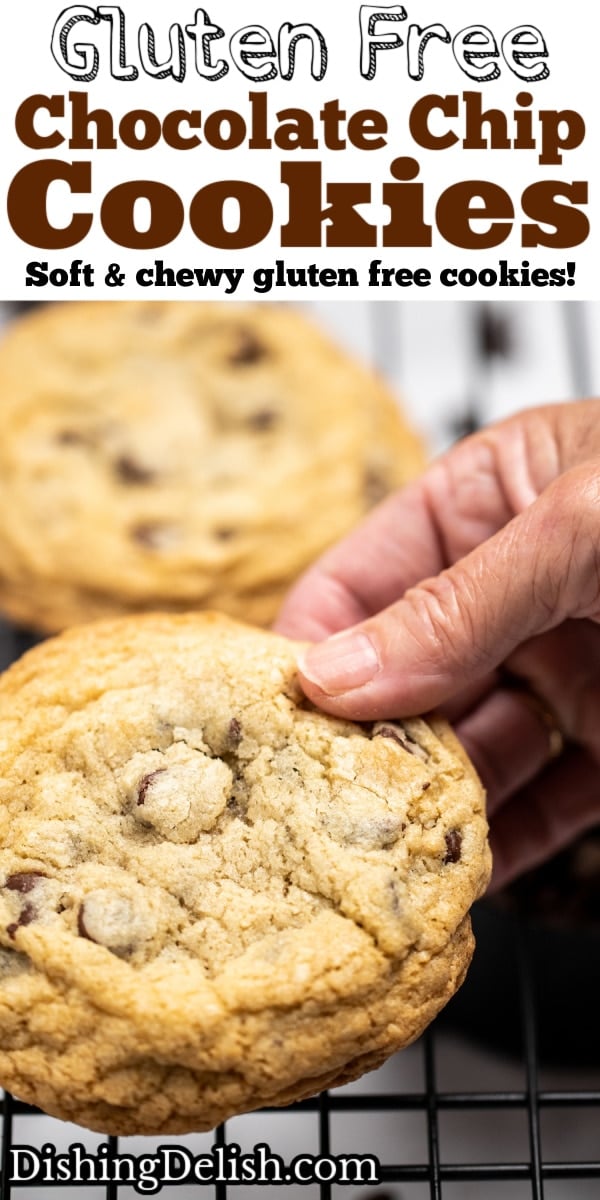 Pinterest pin with a hand holding a large chocolate chip cookie.