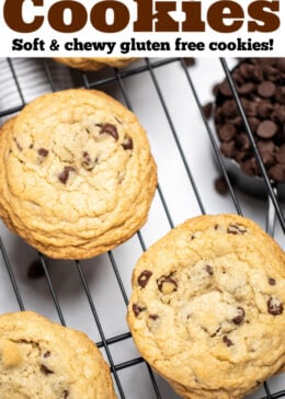 Pinterest pin with chocolate chip cookies on a cooling rack.