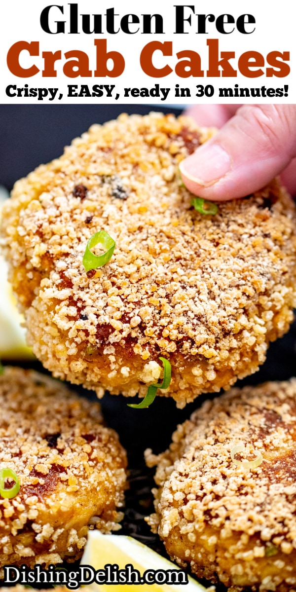 Pinterest pin with a hand holding a gluten free crab cake.