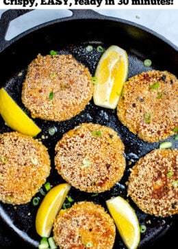 Pinterest pin with a photo of gluten free crab cakes in a skillet.