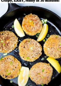 Pinterest pin with a photo of gluten free crab cakes in a skillet.