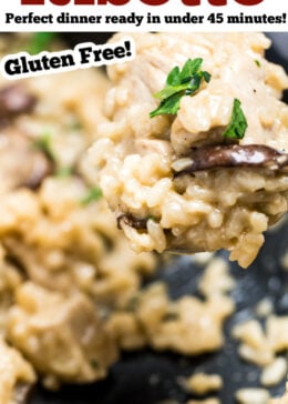 Pinterest pin of a spoon full of gluten free risotto.