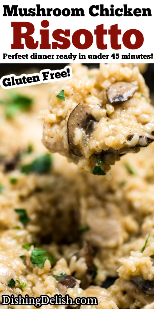 Pinterest pin with a spoon lifting risotto out of the skillet.