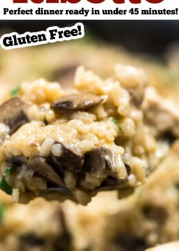 Pinterest pin of a spoon full of gluten free risotto.