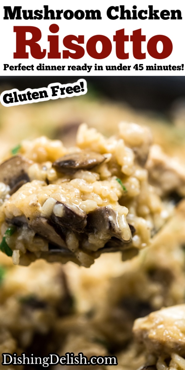 Pinterest pin of a spoon full of gluten free risotto.