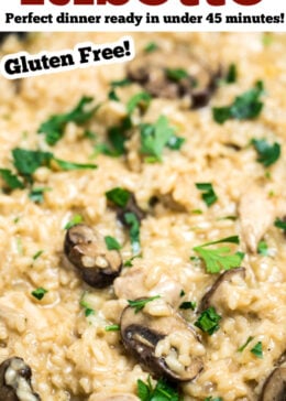 Pinterest pin of a skillet full of chicken risotto.