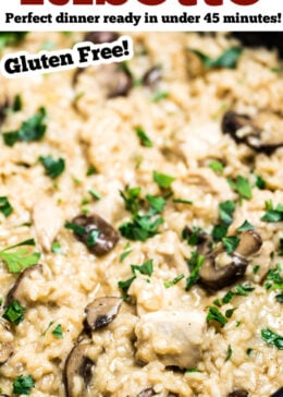 Pinterest pin of a skillet full of chicken risotto.