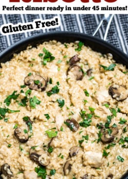 Pinterest pin of a skillet full of chicken risotto.