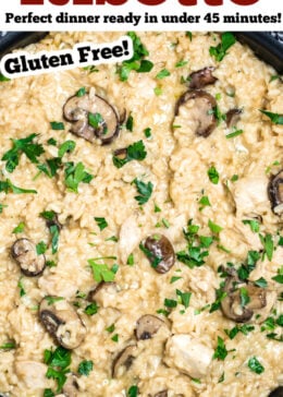 Pinterest pin of a skillet full of chicken risotto.