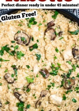 Pinterest pin with a skillet full of chicken risotto.