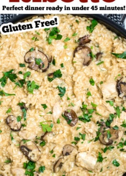 Pinterest pin with a skillet full of chicken risotto.