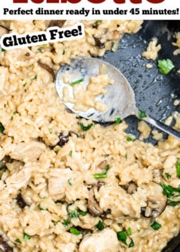Pinterest pin of a skillet full of chicken risotto with a spoon resting in the pan.