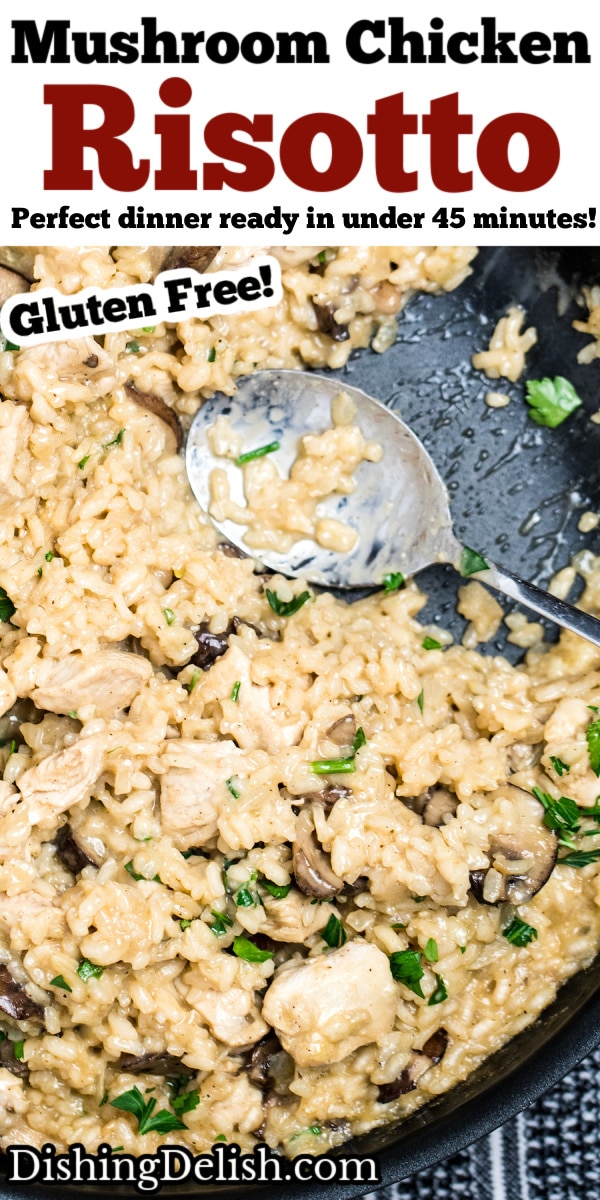 Pinterest pin of a skillet full of chicken risotto with a spoon resting in the pan.