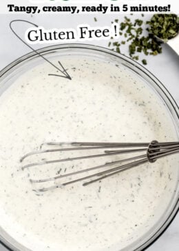 Pinterest pin for buttermilk ranch dressing with a bowl of dressing with a whisk in it.