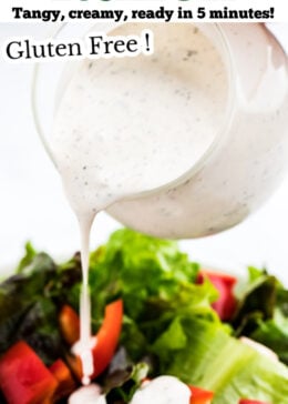 Pinterest pin with a small pitcher of buttermilk ranch dressing pouring into a bowl of salad.