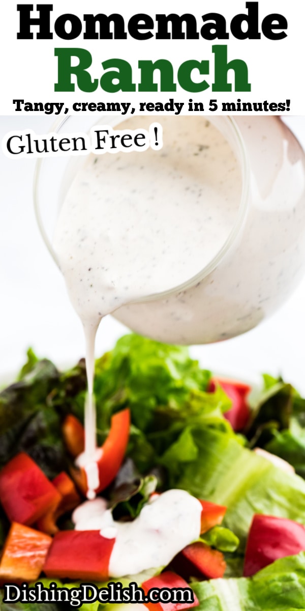 Pinterest pin with a small pitcher of buttermilk ranch dressing pouring into a bowl of salad.