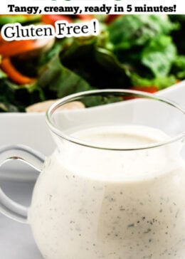 Pinterest pin with a small pitcher of buttermilk ranch dressing in front of a bowl of salad.